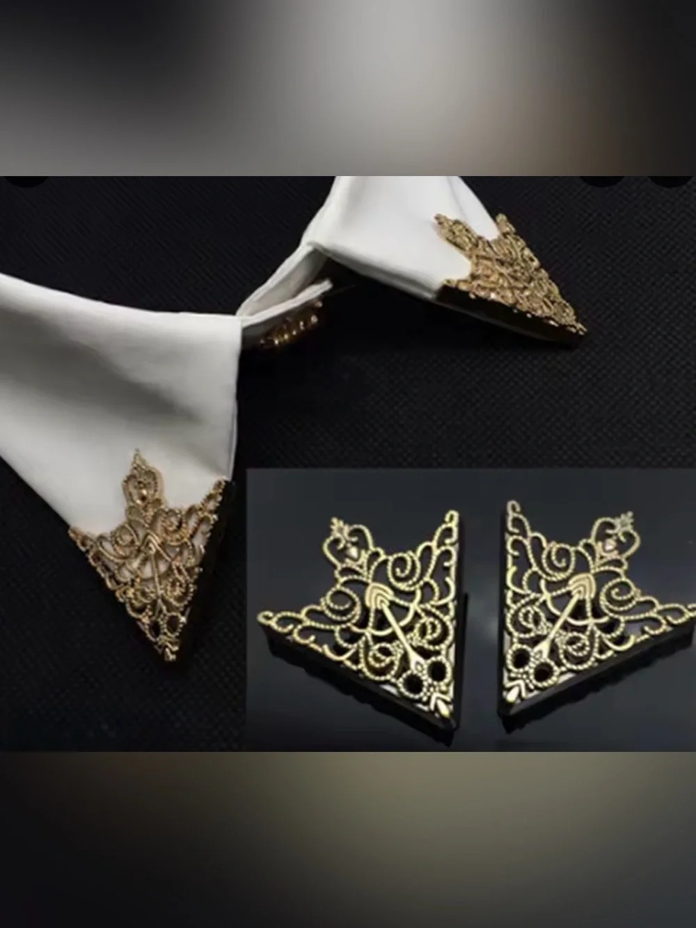 Gold Filigree Collar Tips - White Collar Accessory